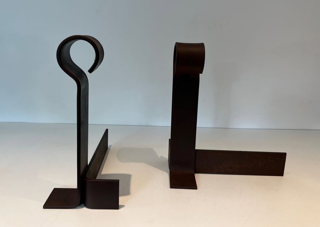 French Modernist Wrought Iron Andirons - Front and Side View - Styylish
