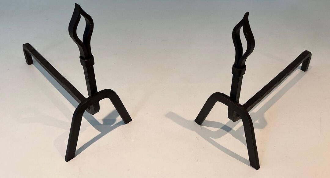 French Modernist Wrought Iron Andirons - Angled Top View - Styylish
