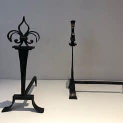 French Wrought Iron Fleur-de-Lys Andirons - Front and Side View - Styylish