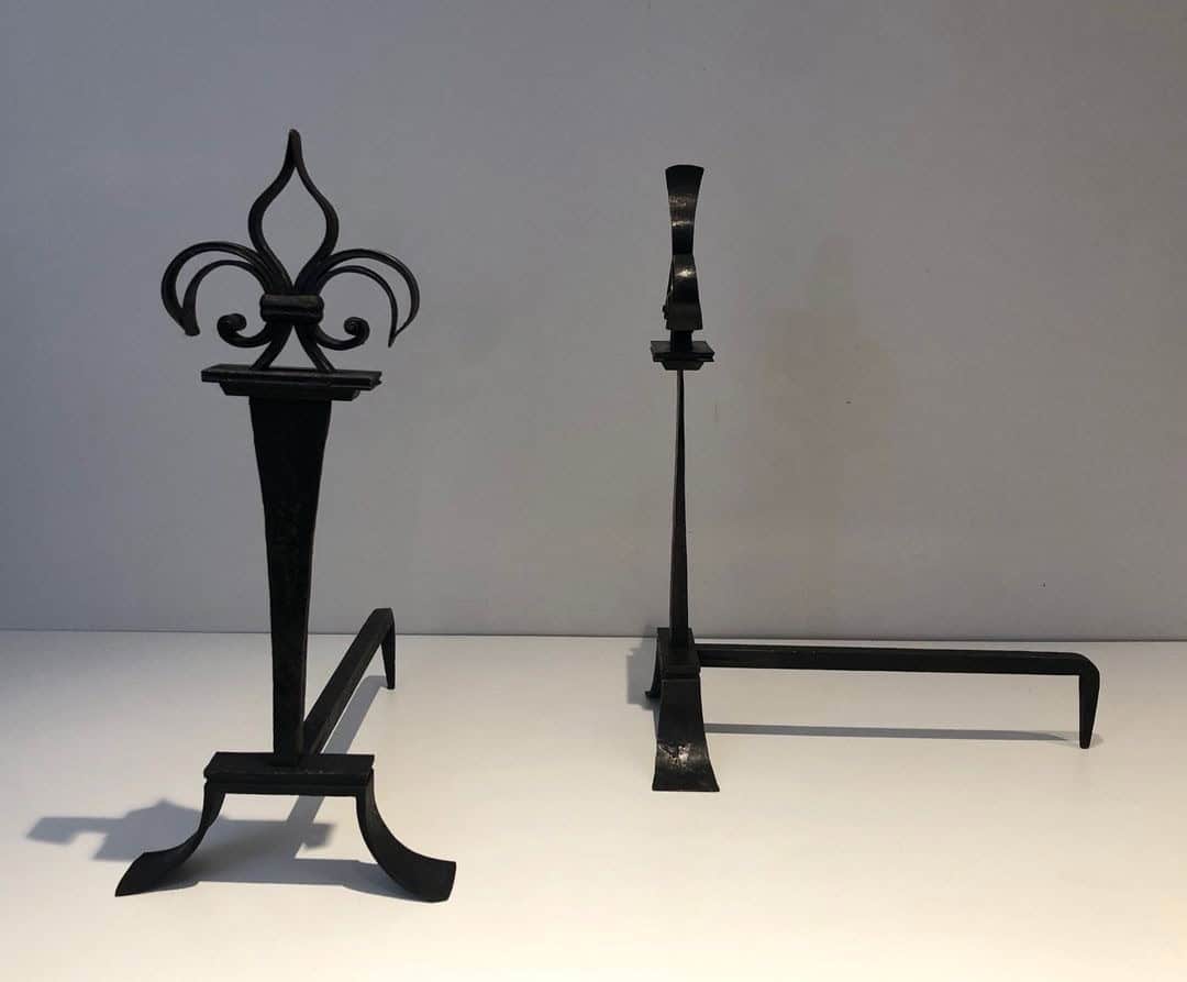 French Wrought Iron Fleur-de-Lys Andirons - Front and Side View - Styylish