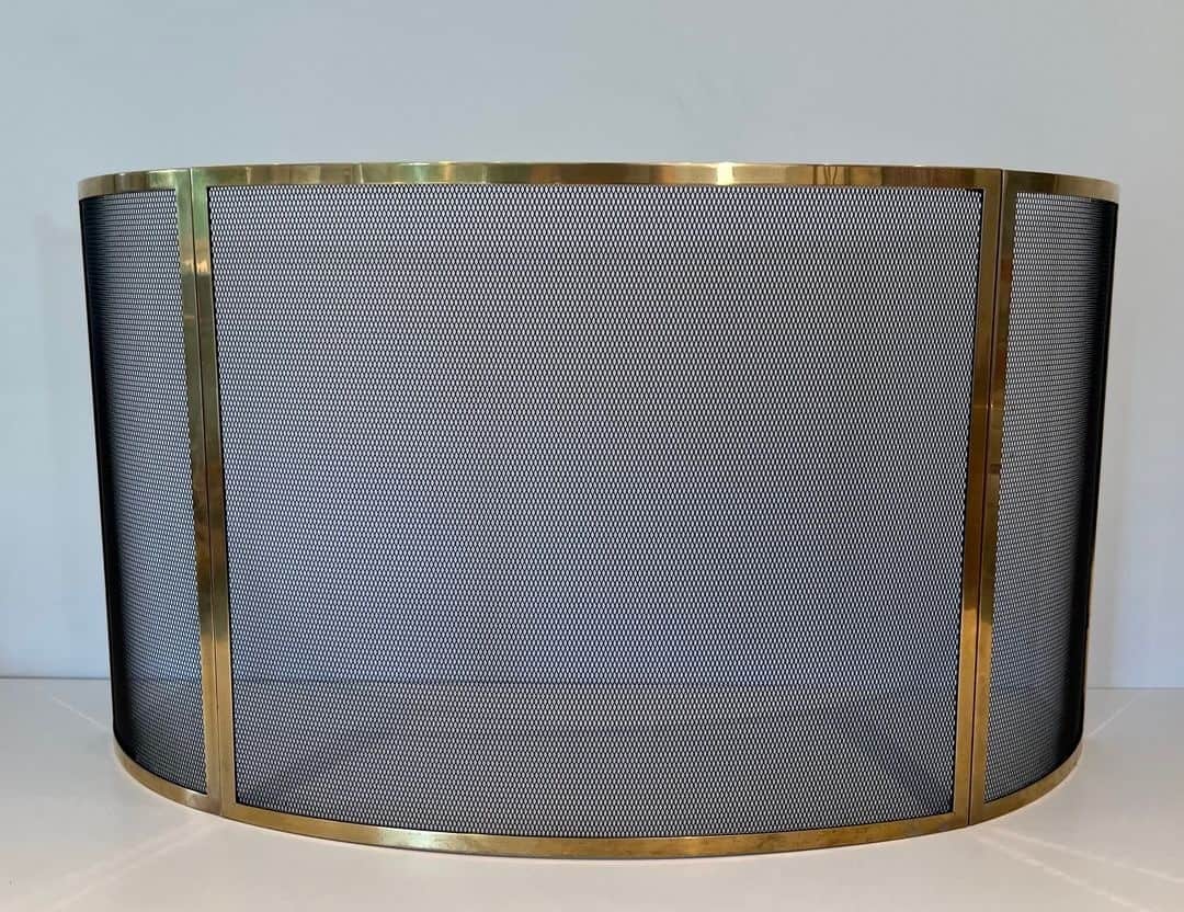 French Curved Brass Fireplace Screen - Close Front View - Styylish