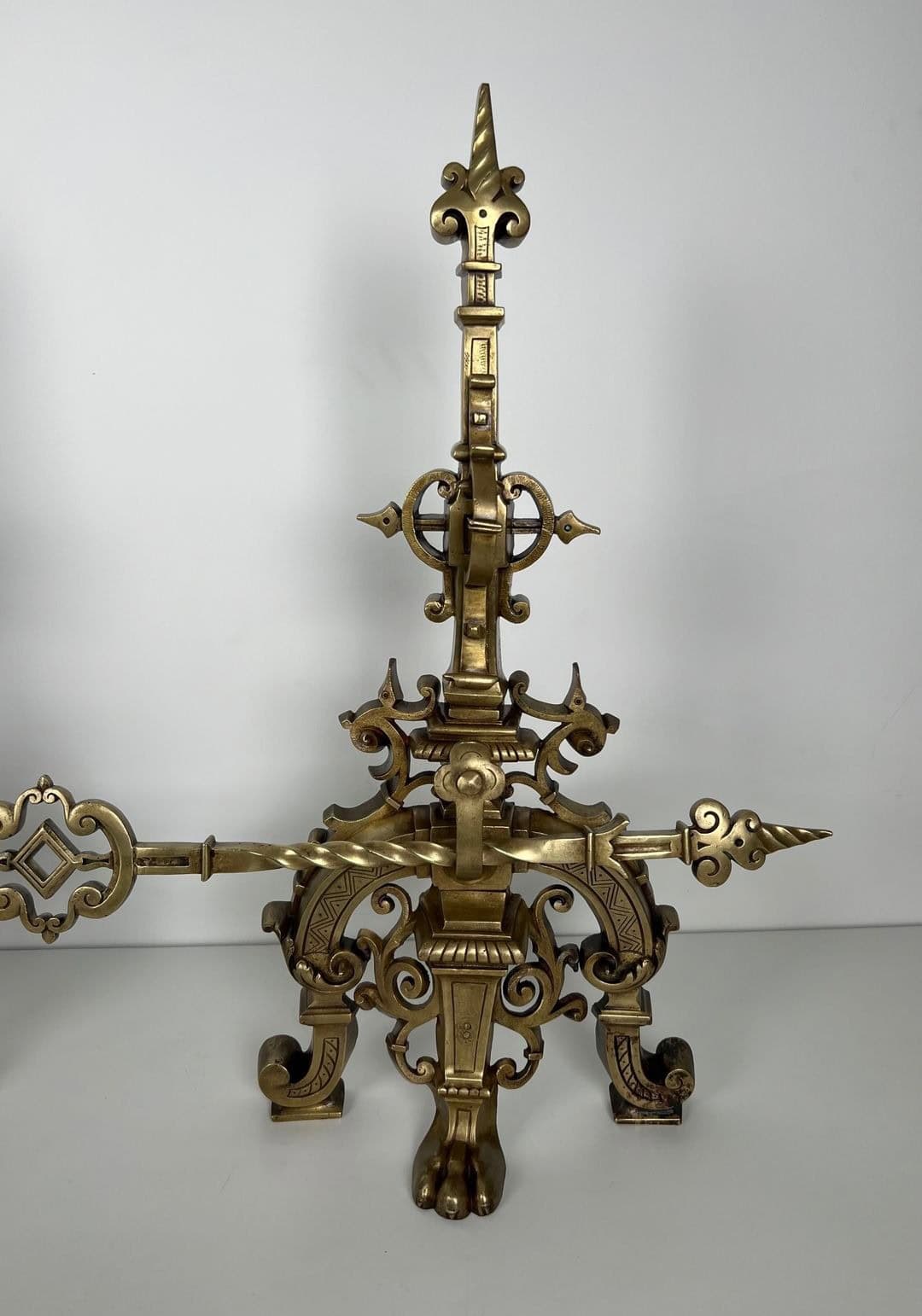 French Neo-Renaissance Bronze Fireplace Andirons - Front View Right - Styylish