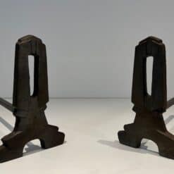 French Modernist Cast Iron Andirons - Angled View - Styylish