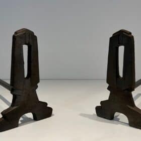 French Modernist Cast Iron Andirons