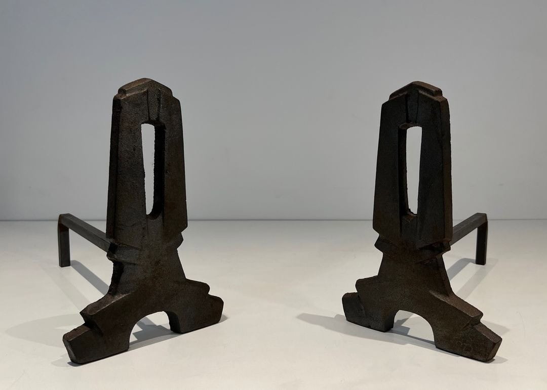 French Modernist Cast Iron Andirons - Angled View - Styylish