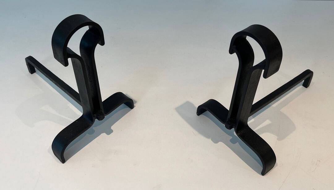 French Wrought Iron Andirons in Geometric Modernist Style - Angled Top View - Styylish