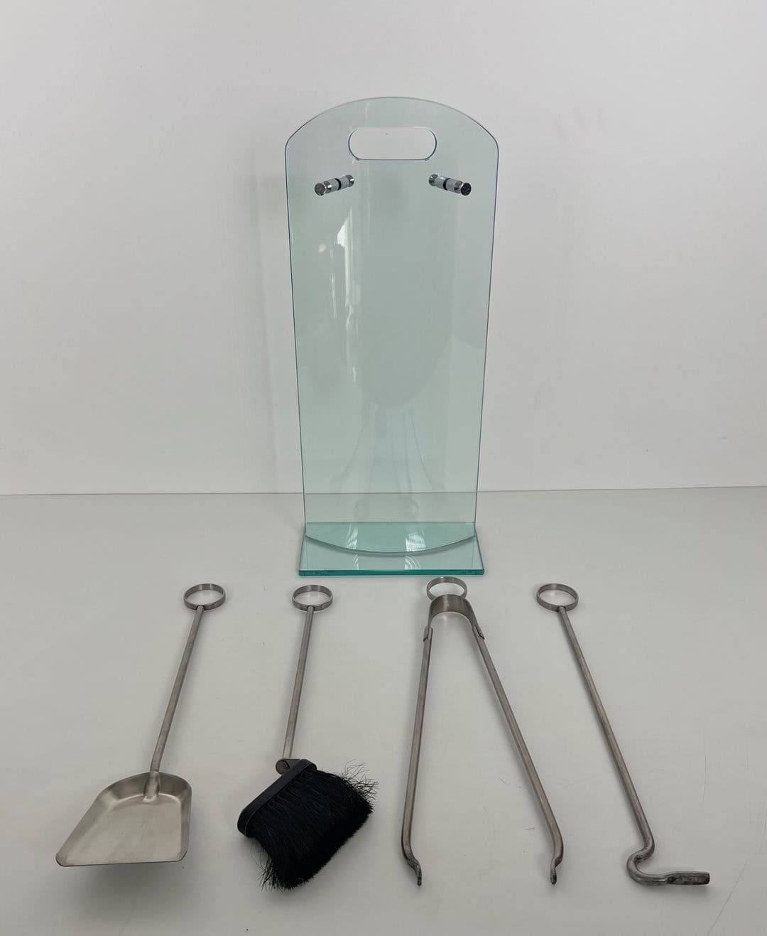 1970s French Tempered Glass Fireplace Companion Set - All Tools View Two - Styylish