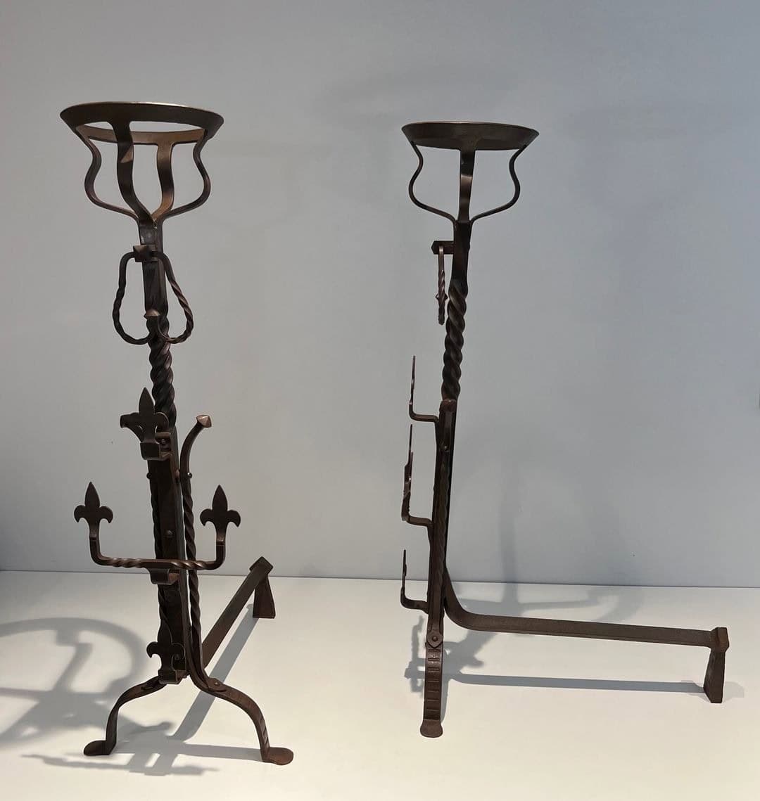 French Gothic Revival Landiers with Fleur-de-Lys - Front and Side View - Styylish