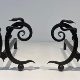 Pair of Art Deco Wrought Iron Serpent Andirons in the Style of Edgar Brandt