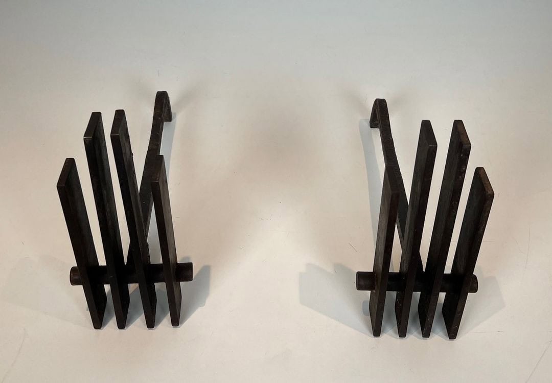 French Brutalist Steel Andirons, Mid-Century, 1950s - Image 4