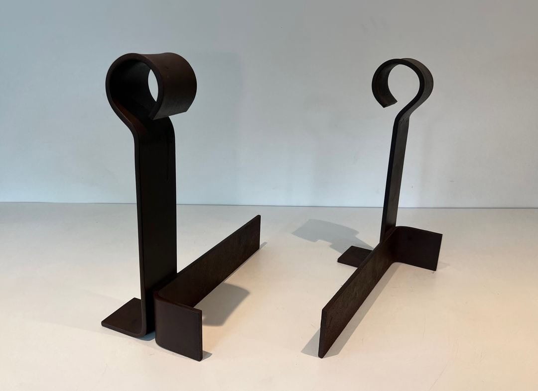 French Modernist Wrought Iron Andirons - Front and Rear View - Styylish