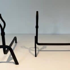 French Modernist Wrought Iron Andirons - Front and Side View - Styylish