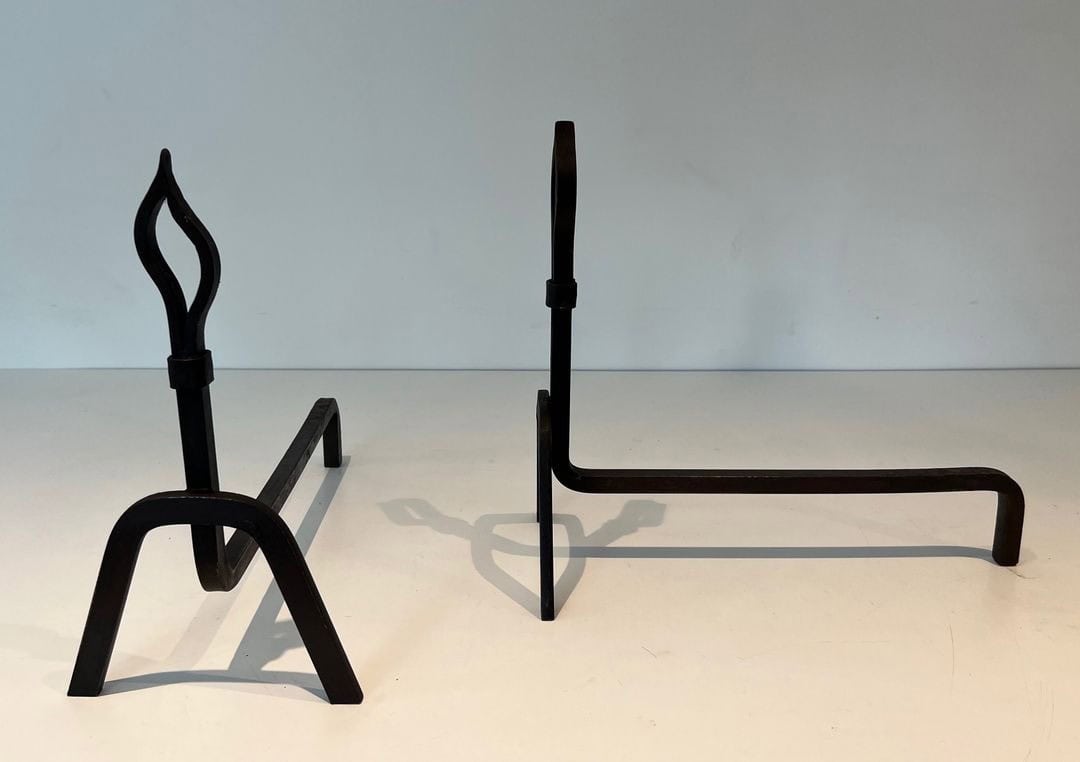 French Modernist Wrought Iron Andirons - Front and Side View - Styylish