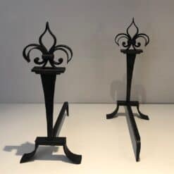 French Wrought Iron Fleur-de-Lys Andirons - Front and Rear View - Styylish