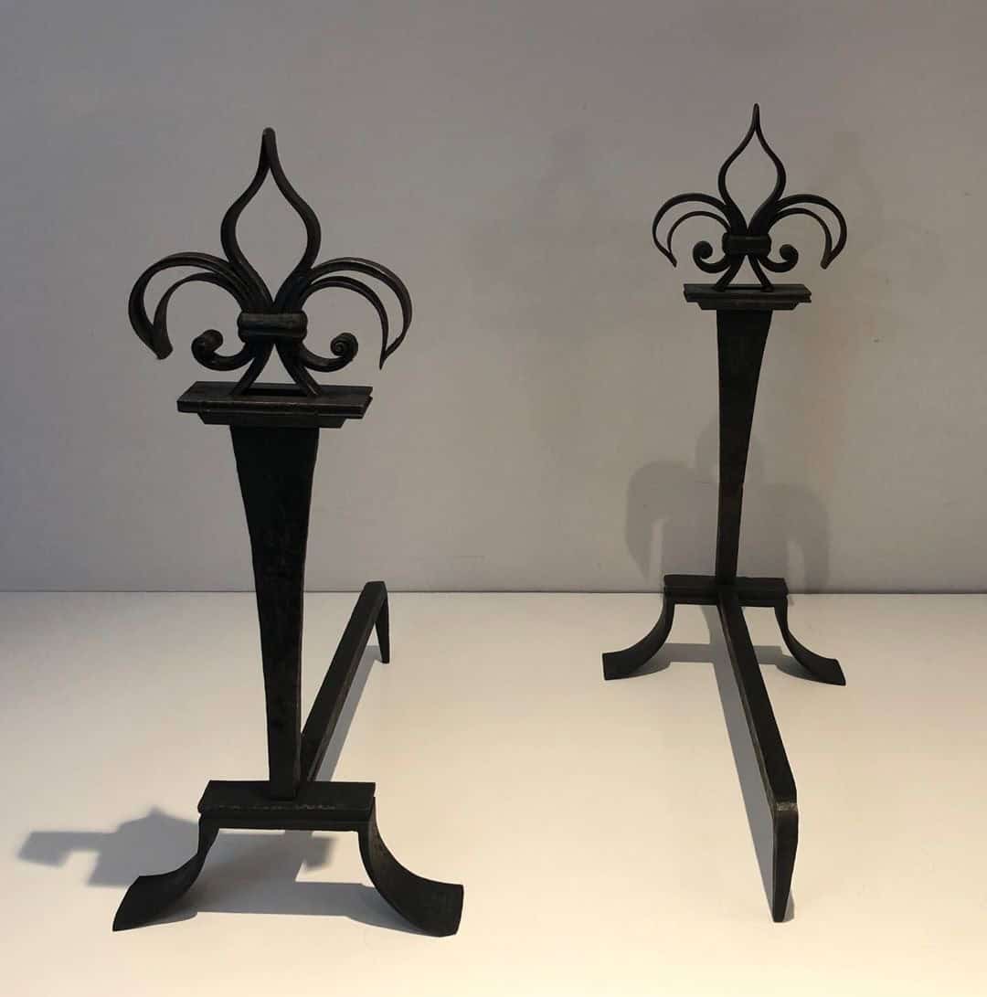 French Wrought Iron Fleur-de-Lys Andirons - Front and Rear View - Styylish