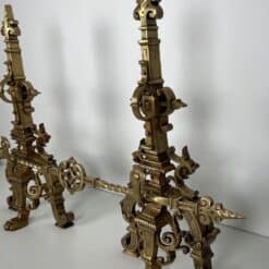 French Neo-Renaissance Bronze Fireplace Andirons - Front View Right Angled - Styylish