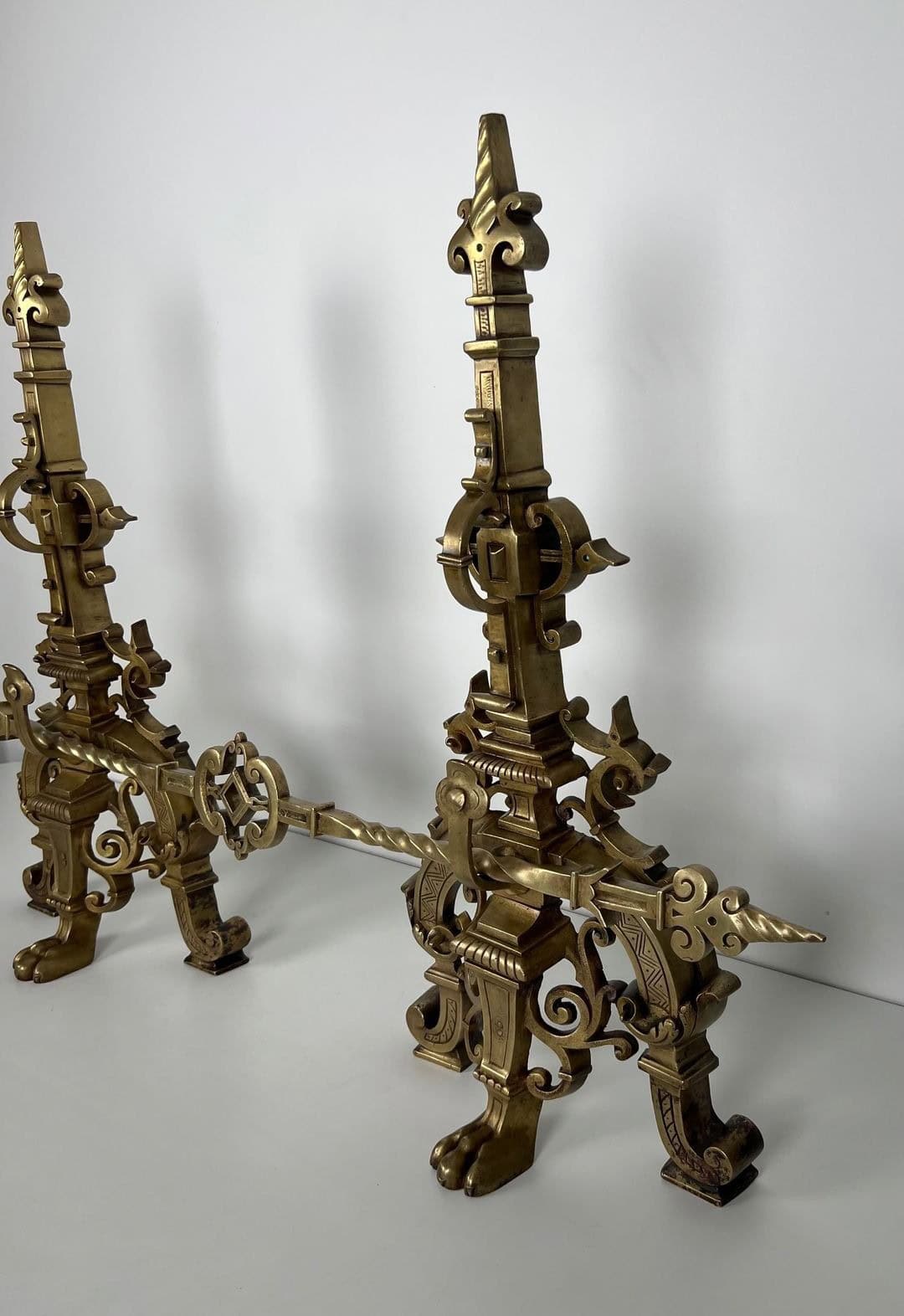 French Neo-Renaissance Bronze Fireplace Andirons - Front View Right Angled - Styylish