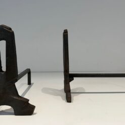 French Modernist Cast Iron Andirons - Front and Side View - Styylish