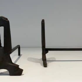 French Modernist Cast Iron Andirons