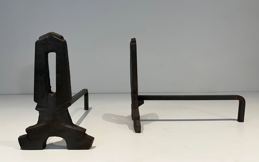 French Modernist Cast Iron Andirons - Front and Side View - Styylish