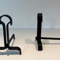 French Wrought Iron Andirons in Geometric Modernist Style - Front and Side View - Styylish
