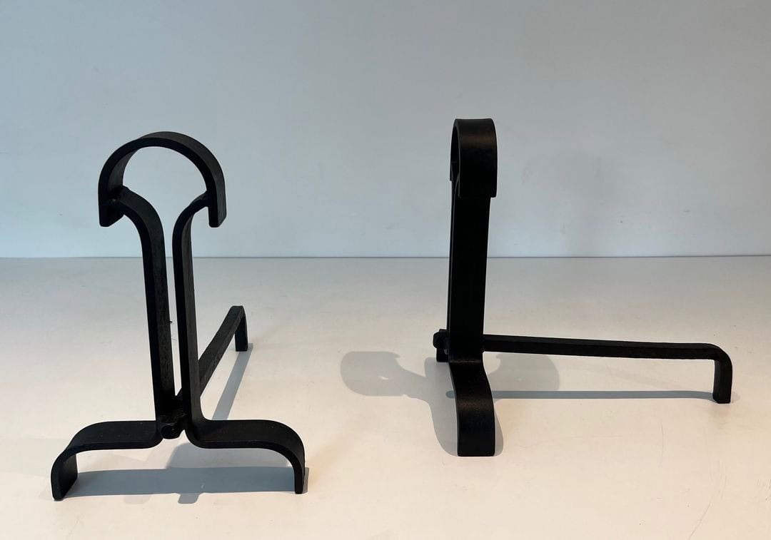 French Wrought Iron Andirons in Geometric Modernist Style - Front and Side View - Styylish