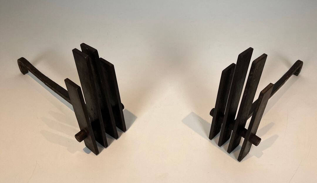 French Brutalist Steel Andirons, Mid-Century, 1950s - Image 5