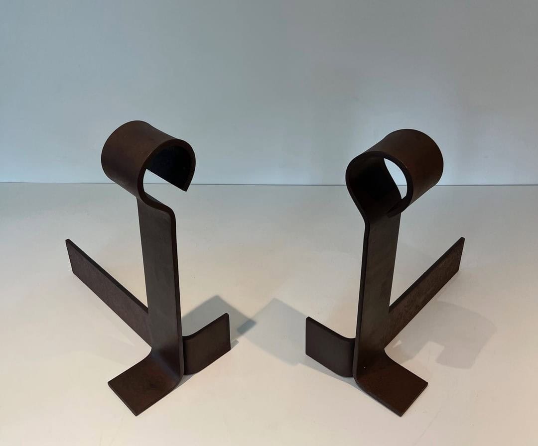 French Modernist Wrought Iron Andirons - Top View - Styylish