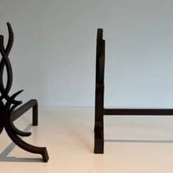 Raymond Subes Attributed Wrought Iron Andirons - Front and Side View - Styylish