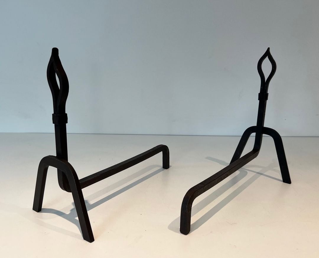 French Modernist Wrought Iron Andirons - Front and Rear View - Styylish