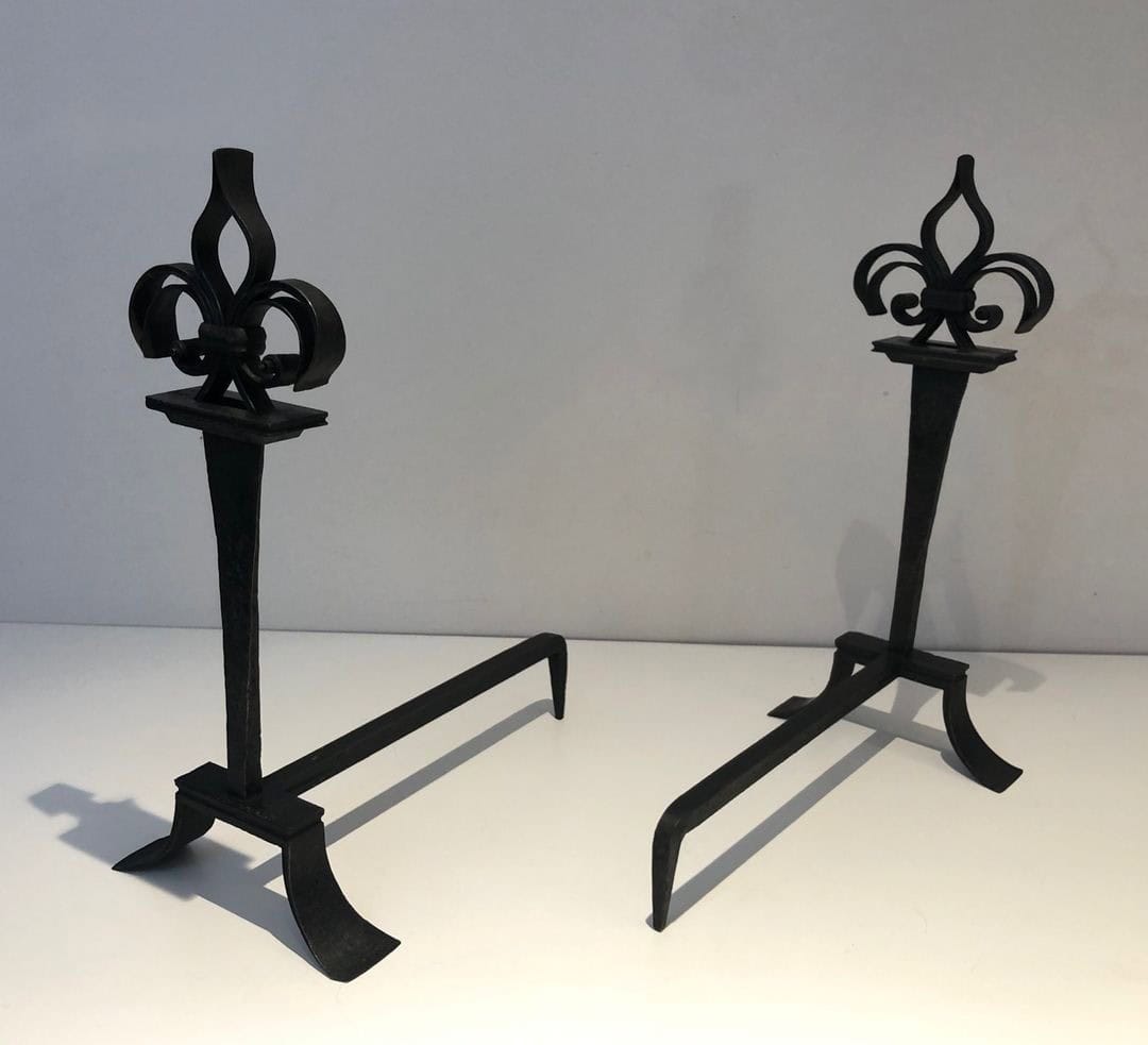 French Wrought Iron Fleur-de-Lys Andirons - Front and Rear View - Styylish