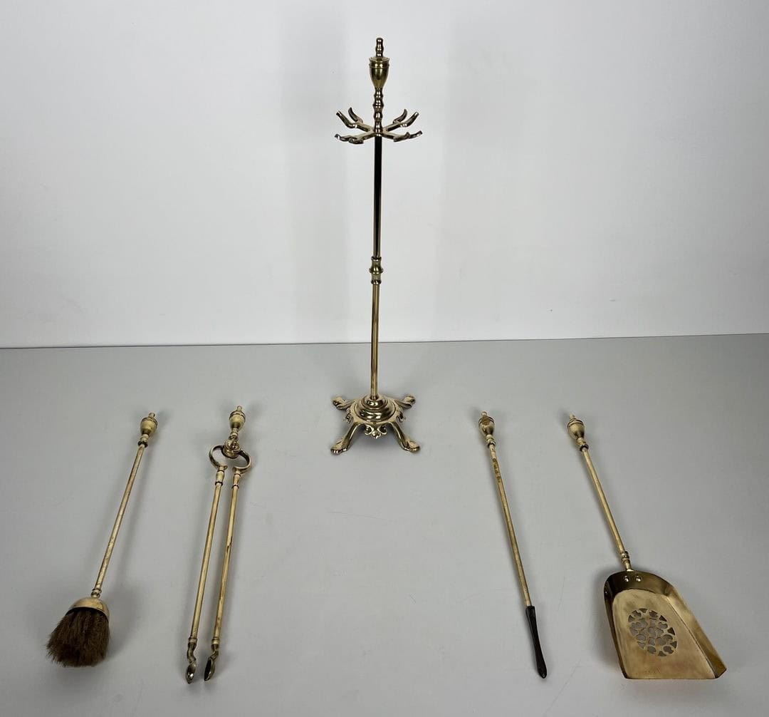 French Neoclassical Brass Fireplace Companion Set - Tools View - Styylish