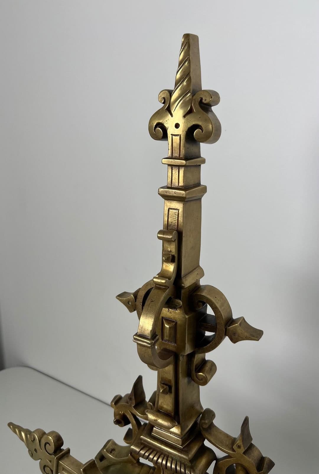 French Neo-Renaissance Bronze Fireplace Andirons - Top Detail - Styylish