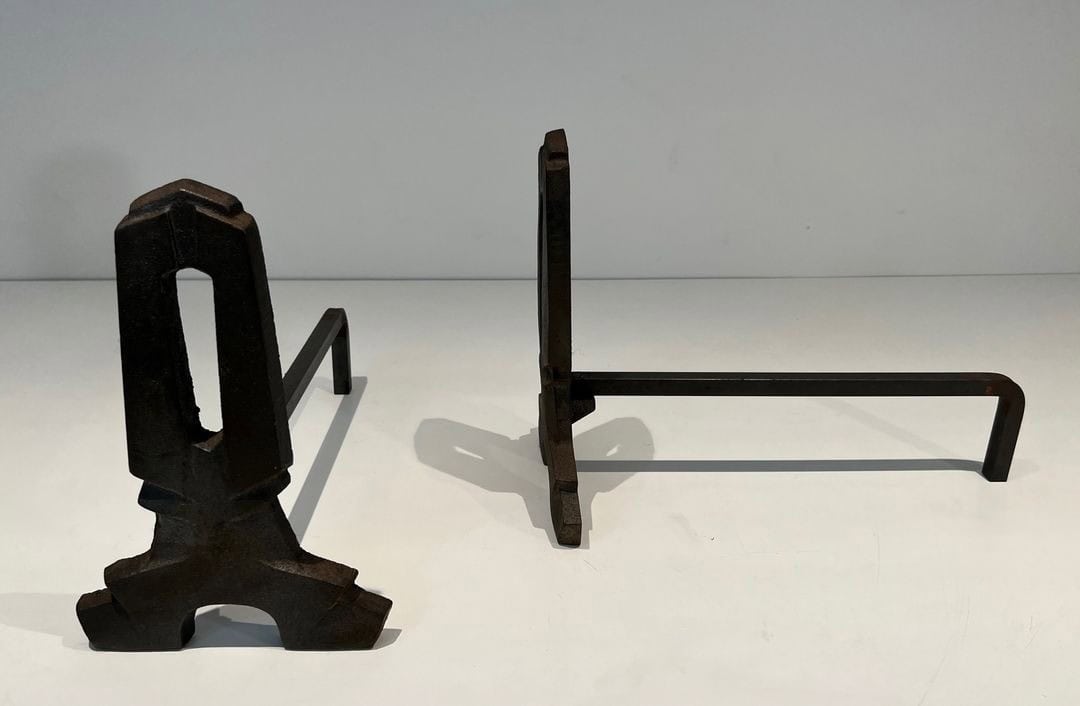 French Modernist Cast Iron Andirons - Front and Side View - Styylish