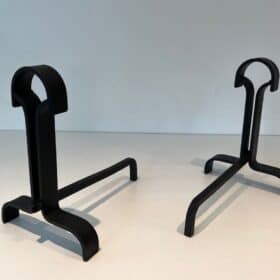 French Wrought Iron Andirons in Geometric Modernist Style