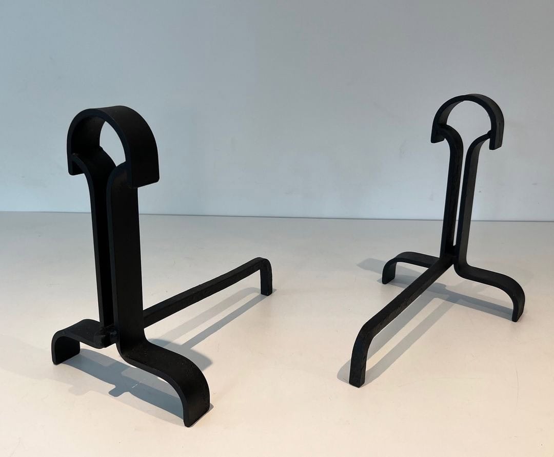French Wrought Iron Andirons in Geometric Modernist Style - Front and Rear View - Styylish