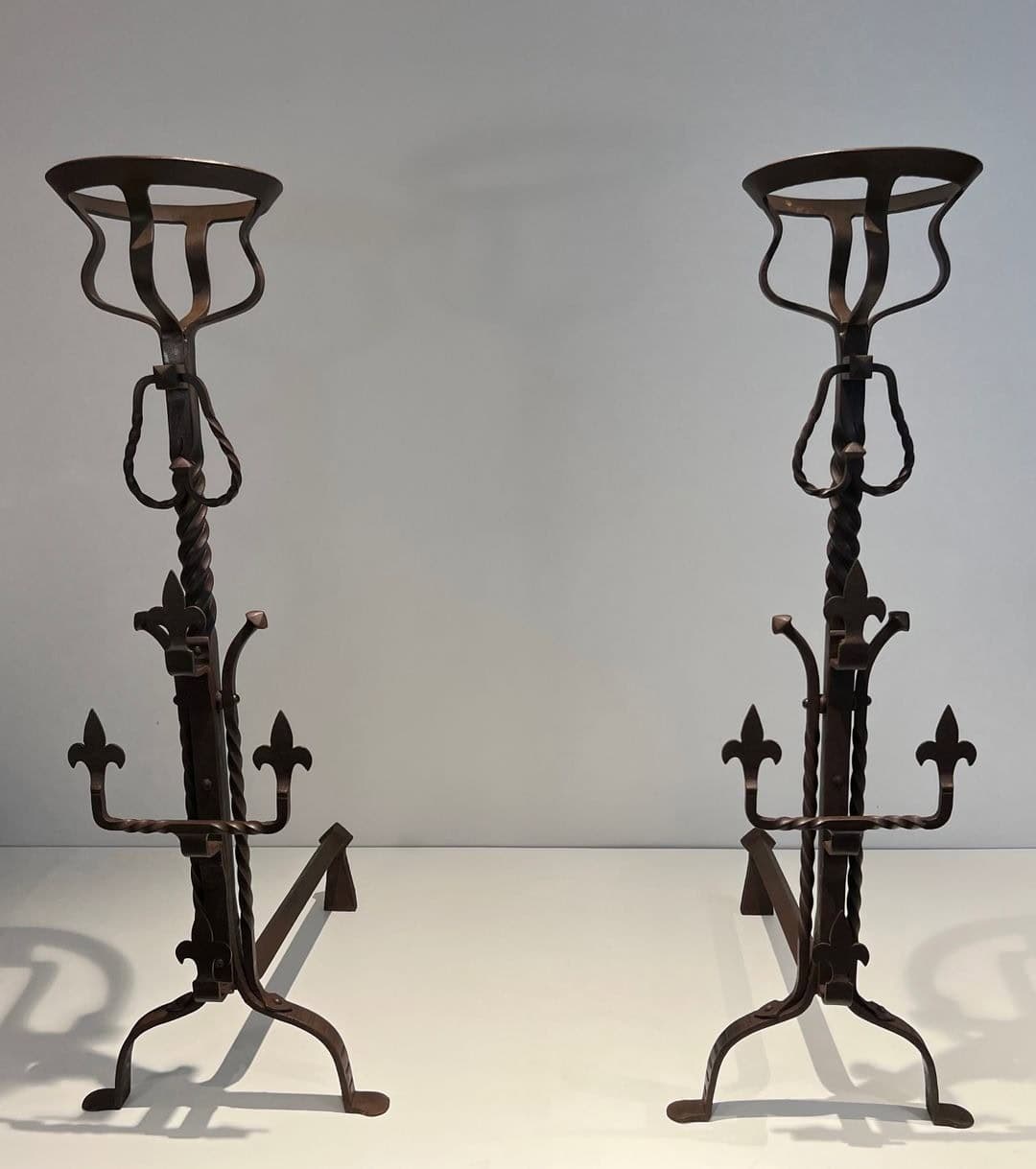 French Gothic Revival Landiers with Fleur-de-Lys - Front Detail - Styylish