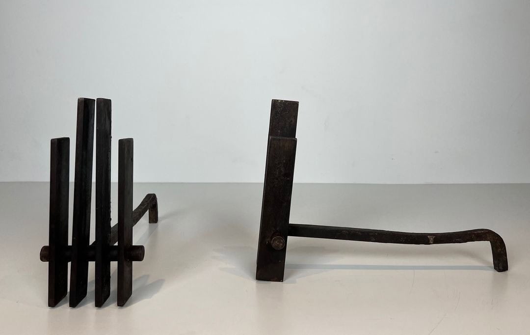 French Brutalist Steel Andirons, Mid-Century, 1950s - Image 6