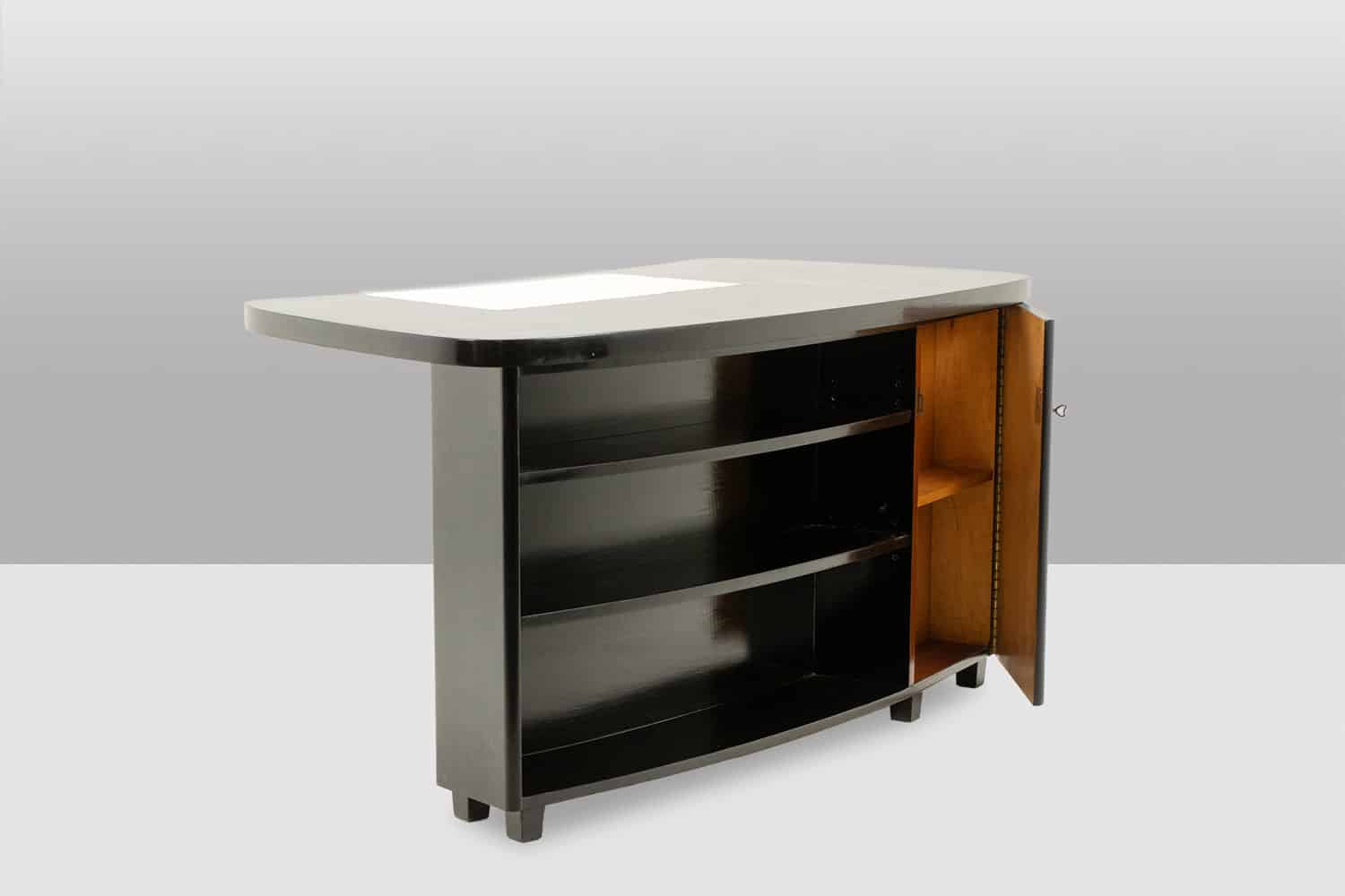 Art Deco Kidney-Shaped Desk in Black Lacquered Wood - Open Cabinet View - Styylish