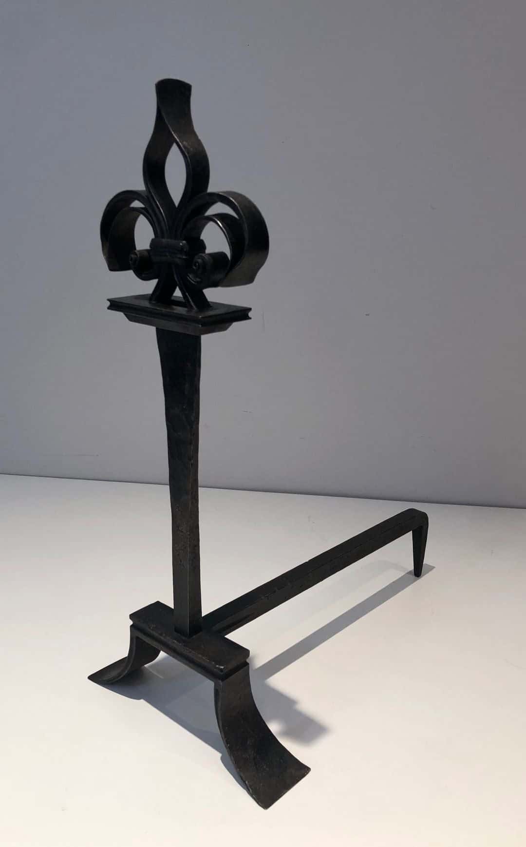 French Wrought Iron Fleur-de-Lys Andirons - Single Angled View - Styylish