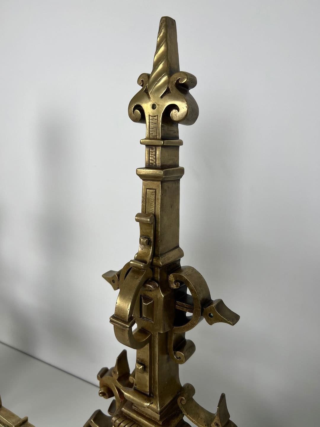 French Neo-Renaissance Bronze Fireplace Andirons - Top Detail Two - Styylish