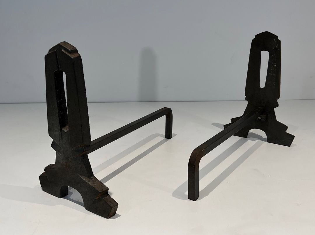French Modernist Cast Iron Andirons - Front and Rear View - Styylish
