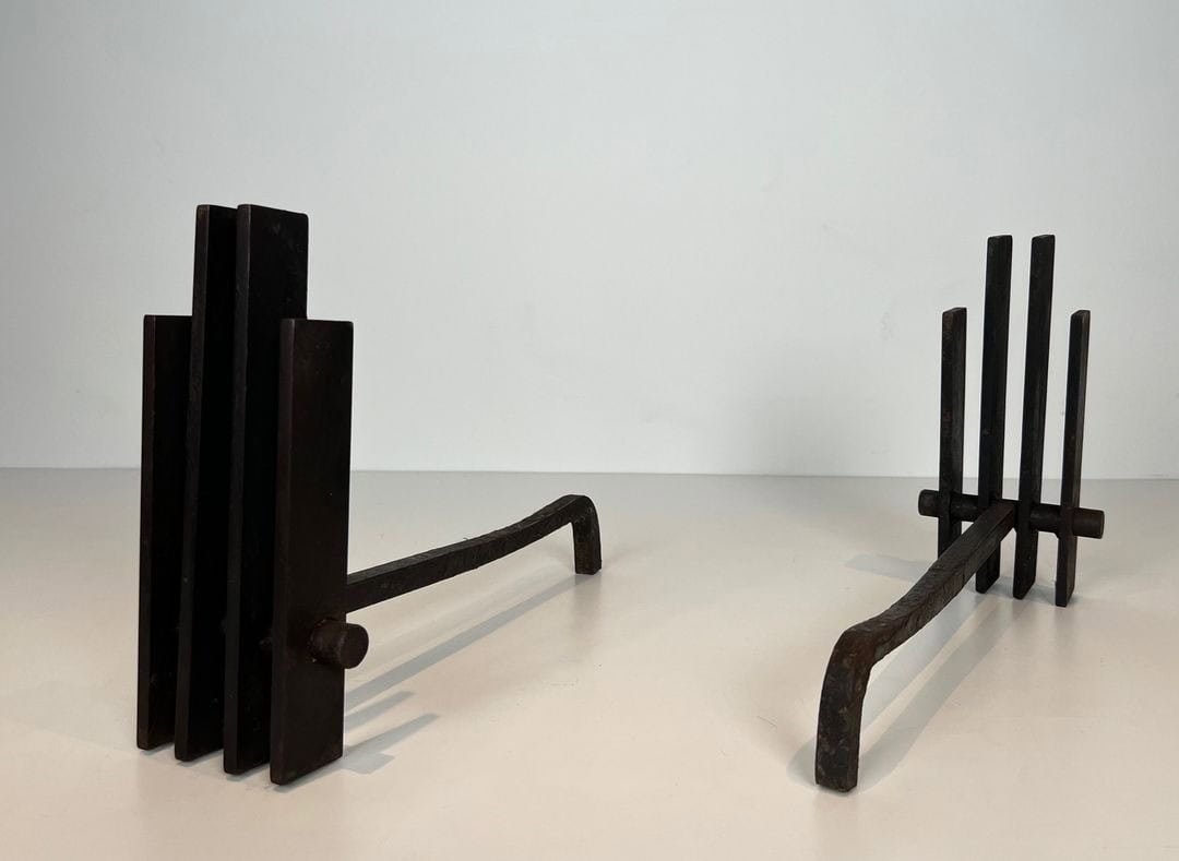 French Brutalist Steel Andirons, Mid-Century, 1950s - Image 7