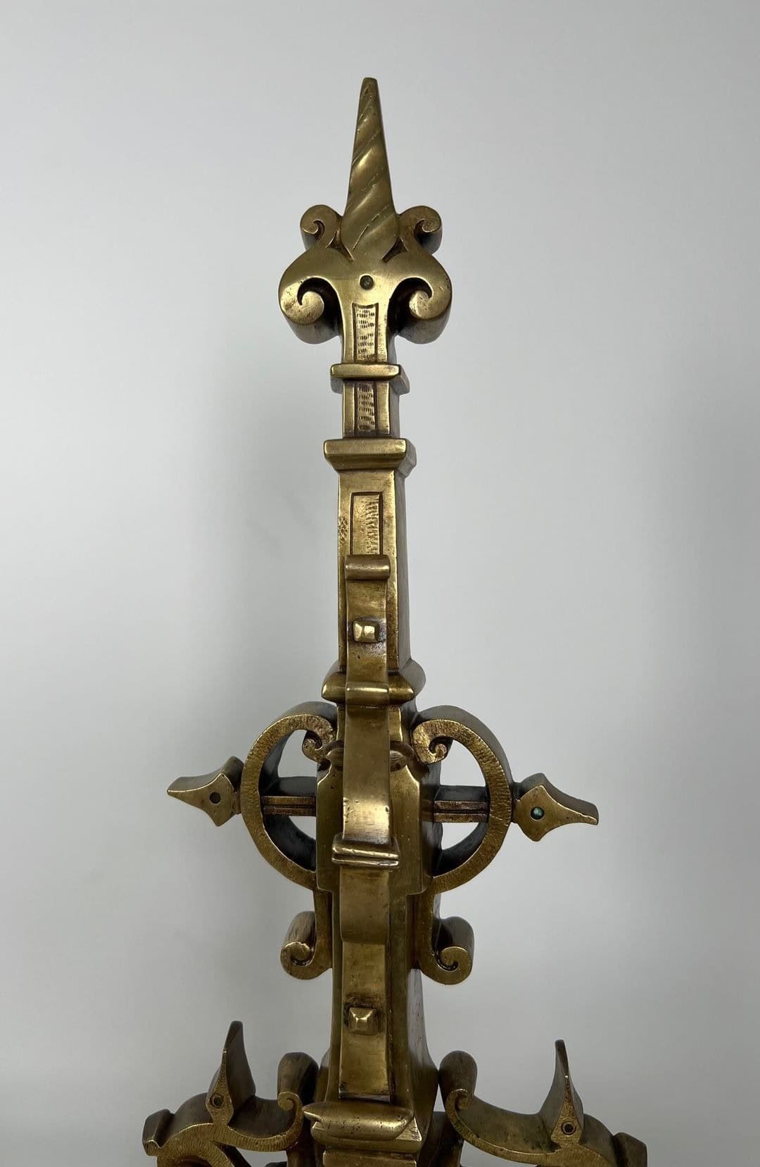 French Neo-Renaissance Bronze Fireplace Andirons - Top Detail Three - Styylish