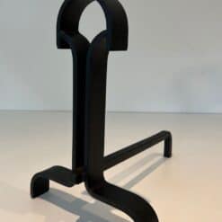 French Wrought Iron Andirons in Geometric Modernist Style - Angled Single View - Styylish