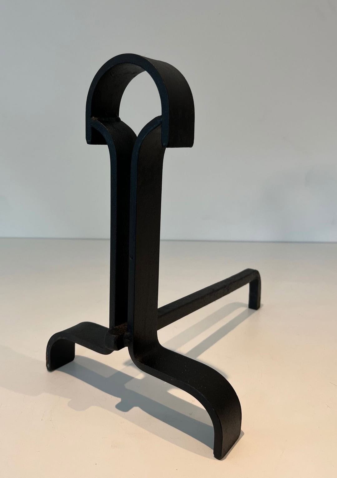 French Wrought Iron Andirons in Geometric Modernist Style - Angled Single View - Styylish