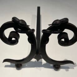 Pair of Art Deco Wrought Iron Serpent Andirons in the Style of Edgar Brandt - Image 8