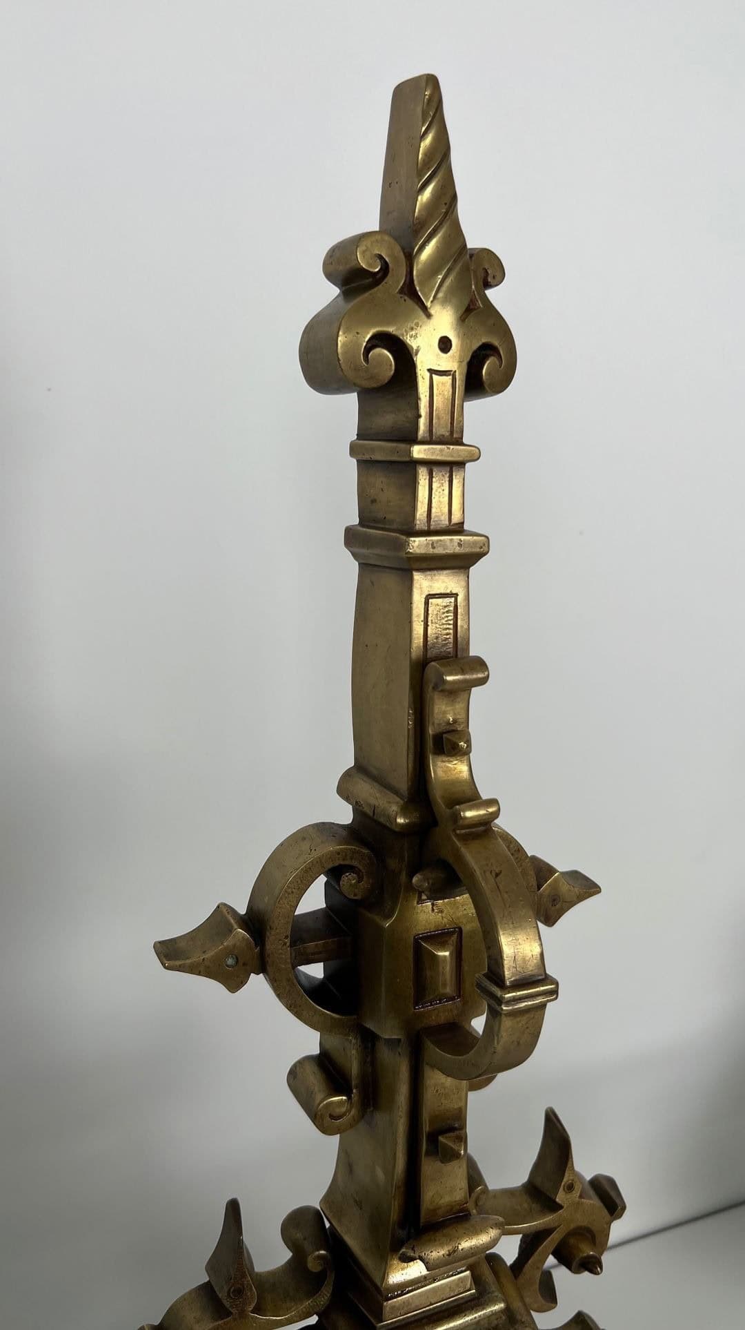French Neo-Renaissance Bronze Fireplace Andirons - Top Detail Four - Styylish