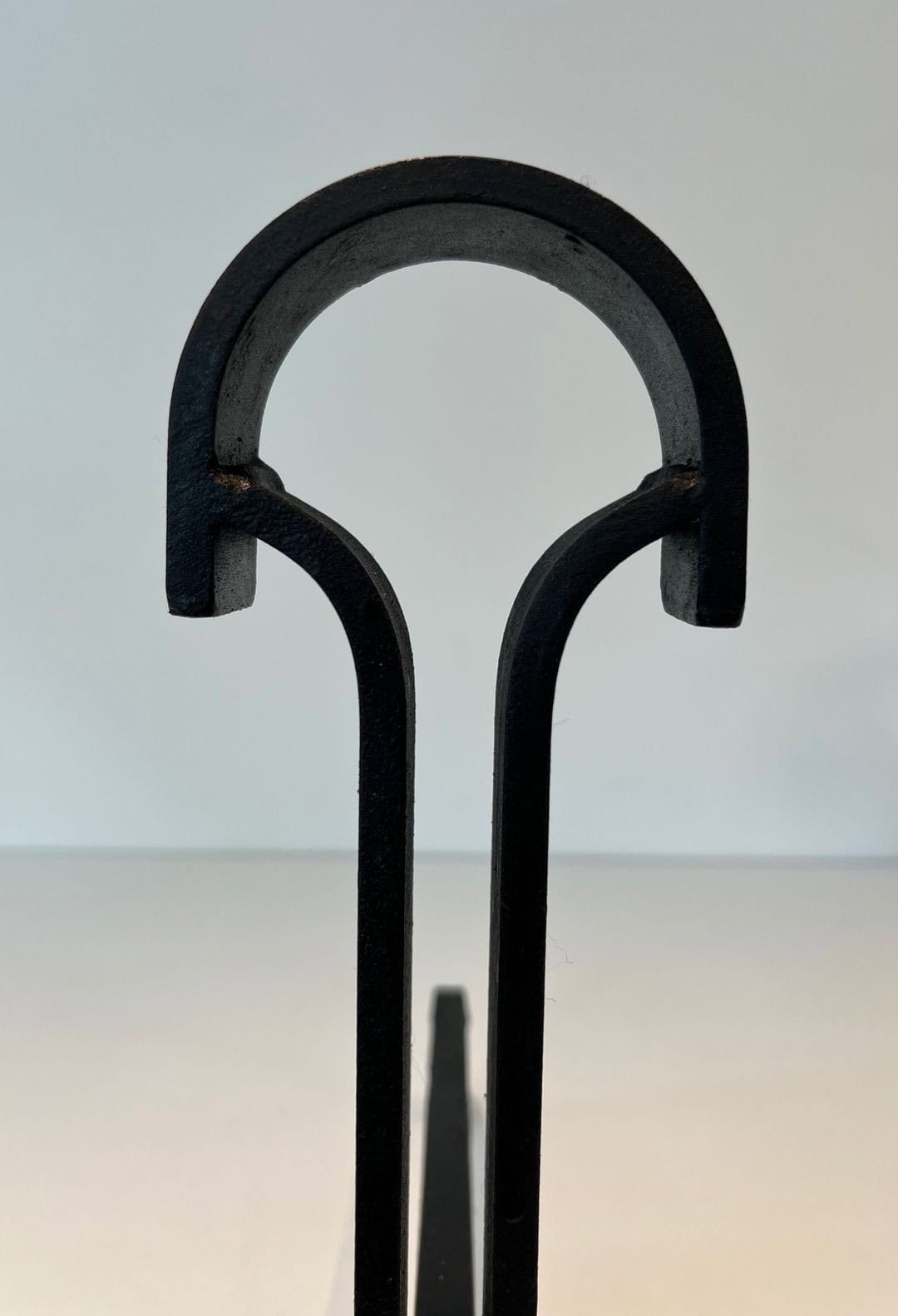French Wrought Iron Andirons in Geometric Modernist Style - Top Detail - Styylish