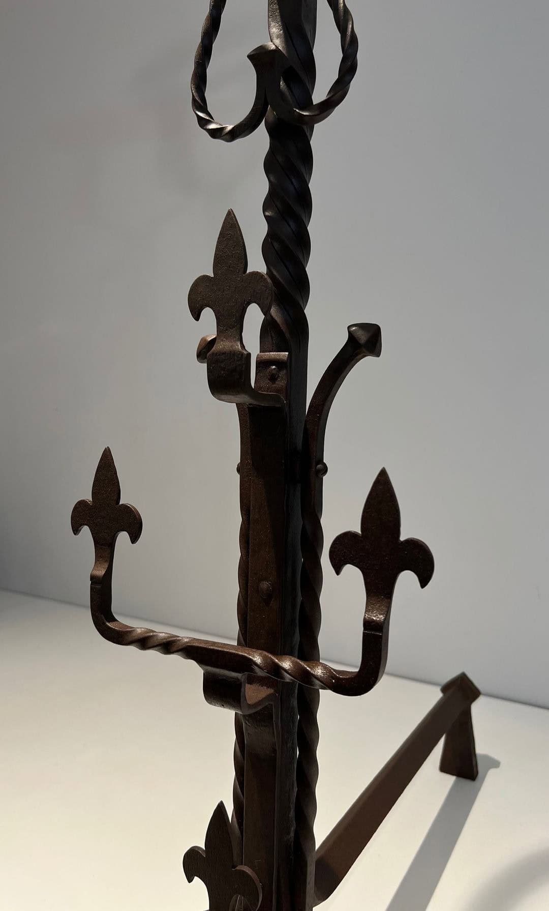 French Gothic Revival Landiers with Fleur-de-Lys - Stand Detail - Styylish